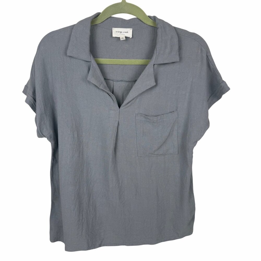 Orange Creek Women's Gray Gauze Short-Sleeve V-Neck Collared Top Size M